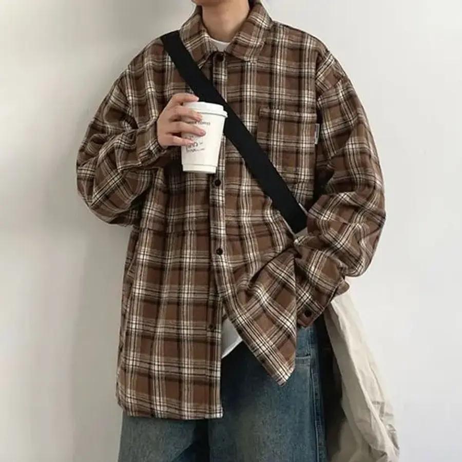 [HS라이프]シャツ 長袖 メンズ カジュアル デートルック チェック ルーズフィット