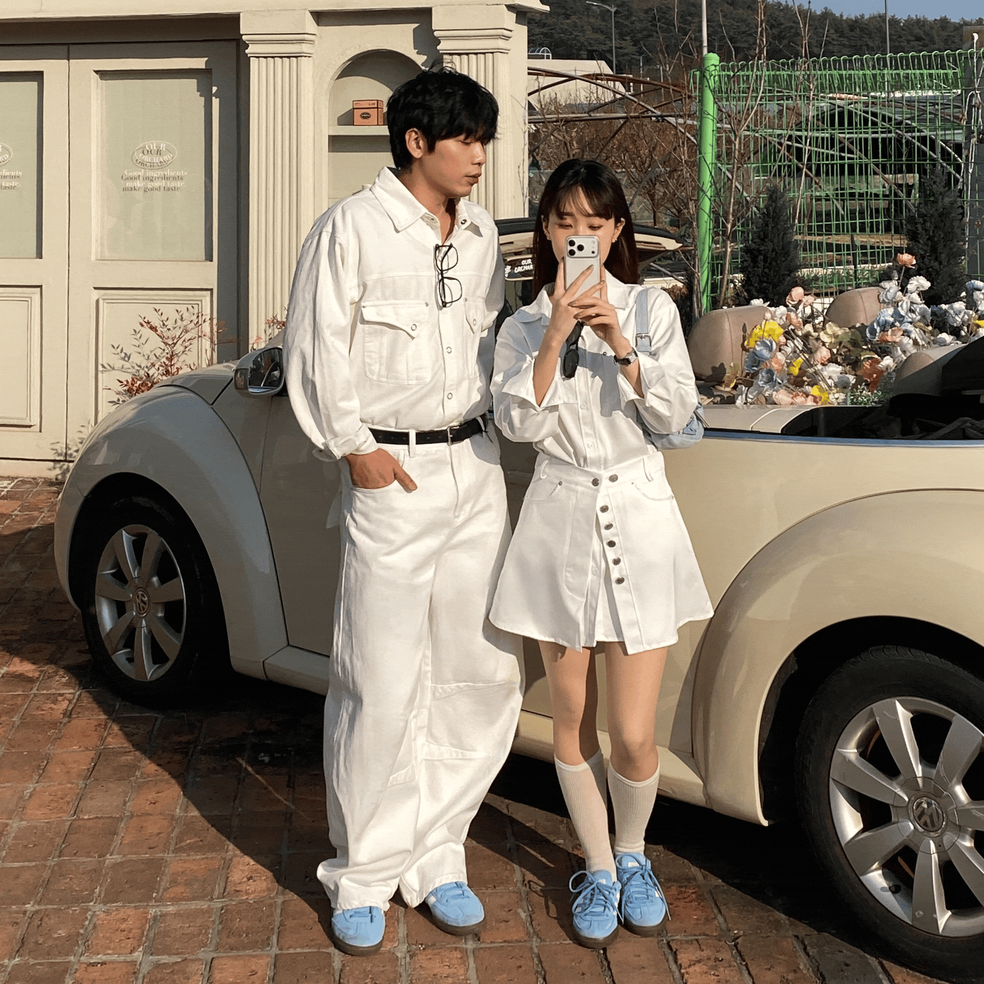 背の低い女性向け ワンピース Aライン ホワイト ミニワンピース カップルシミラールック 秋 春 桜ルック