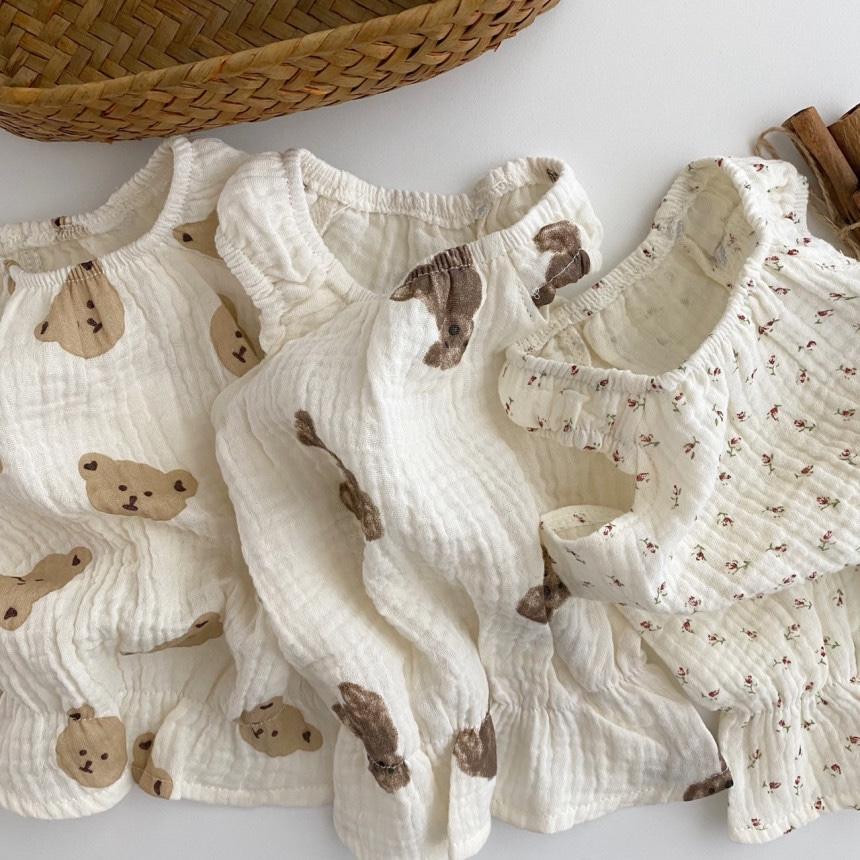 [펫피크닉] 베이비 거즈 민소매 탑 / 강아지 실내복 내복 곰돌이M