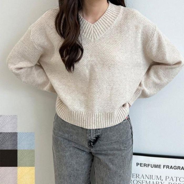 レディース ボクシーフィット スタイル Vネック キャッシュウール Tシャツ レディーストップス ニット 秋 冬 ケーブル編み