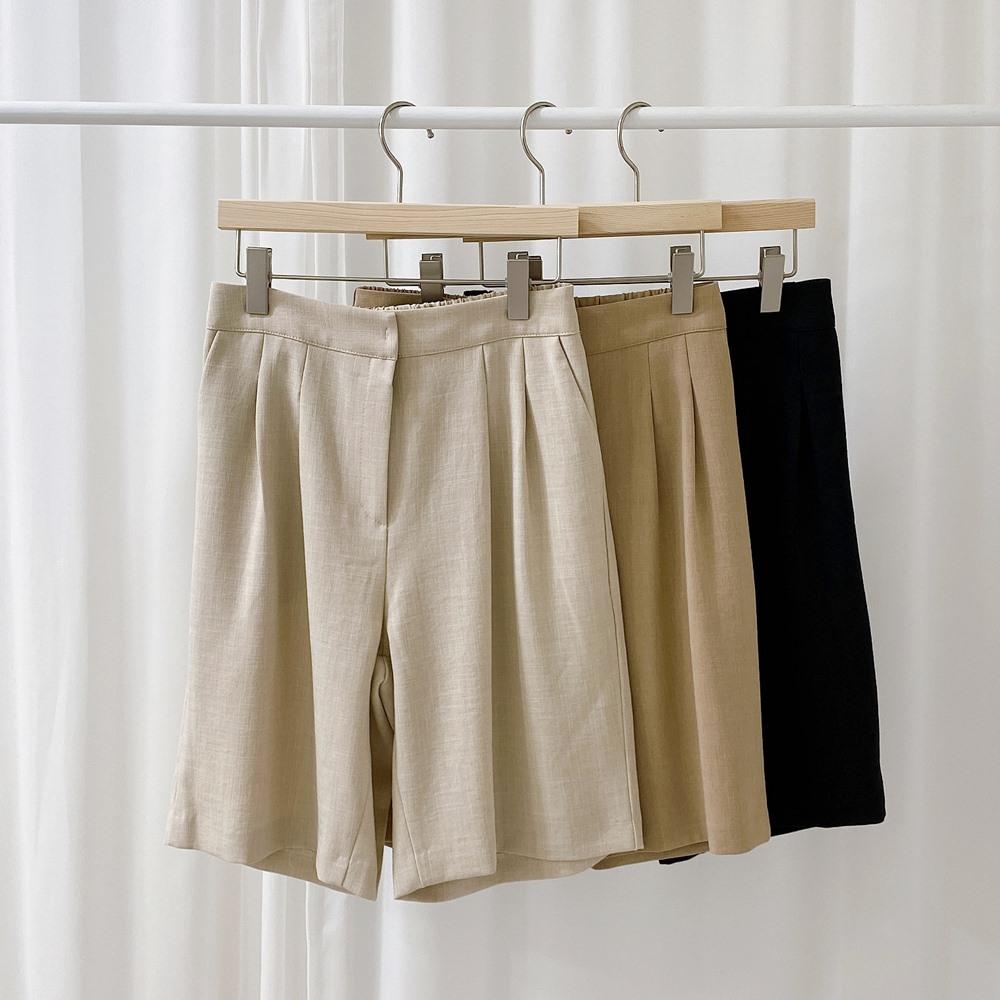 レディース リネン スーツ ショートパンツ 5分丈 バンディング ピンタック シワにならない スパン 夏 ホームショッピング スラックス バミューダ パンツ
