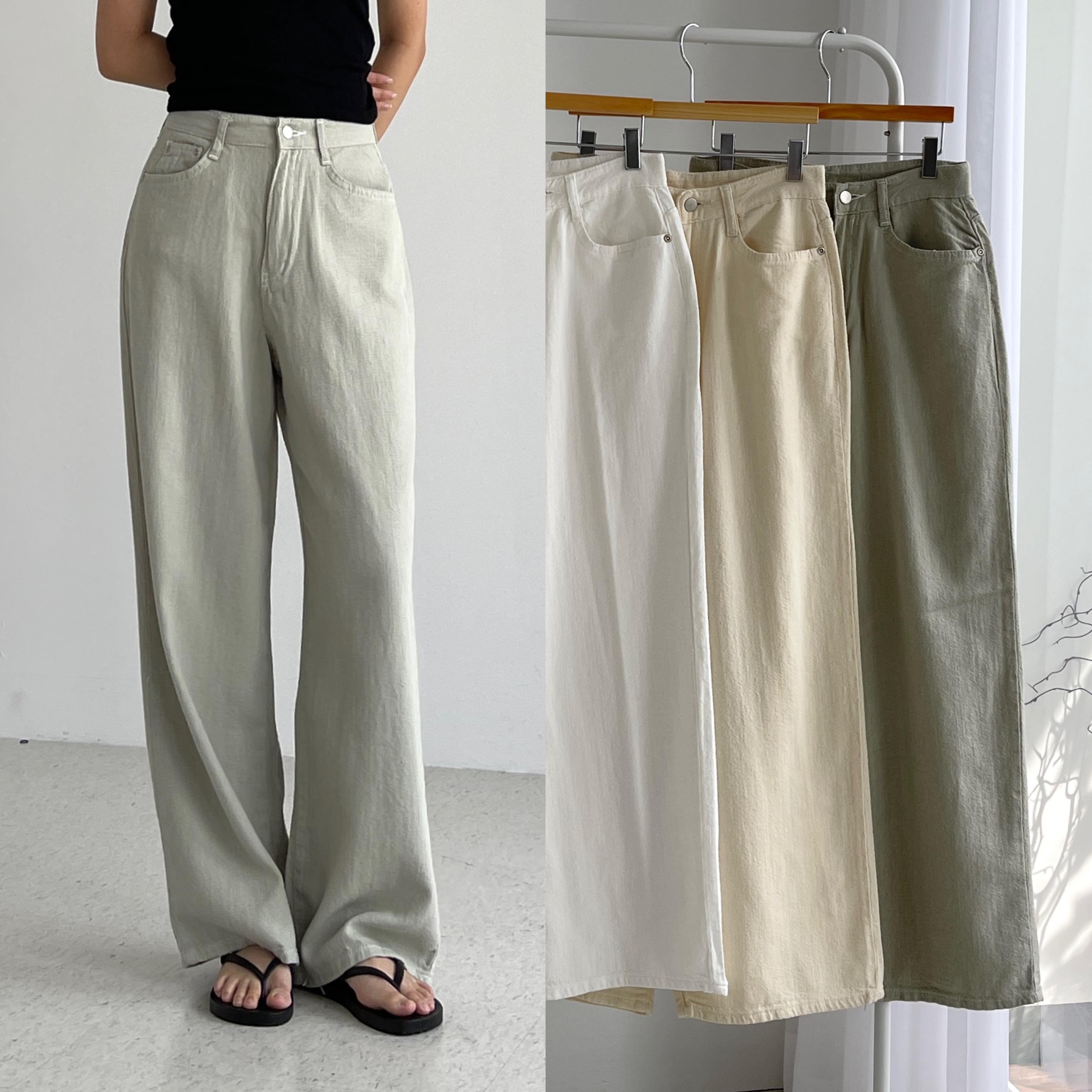 リネンパンツ レディース ワイドパンツ 夏 ストレート スラックス レディース ホワイト スーツ コットン 綿 ホワイト ベージュ Aura Jeans