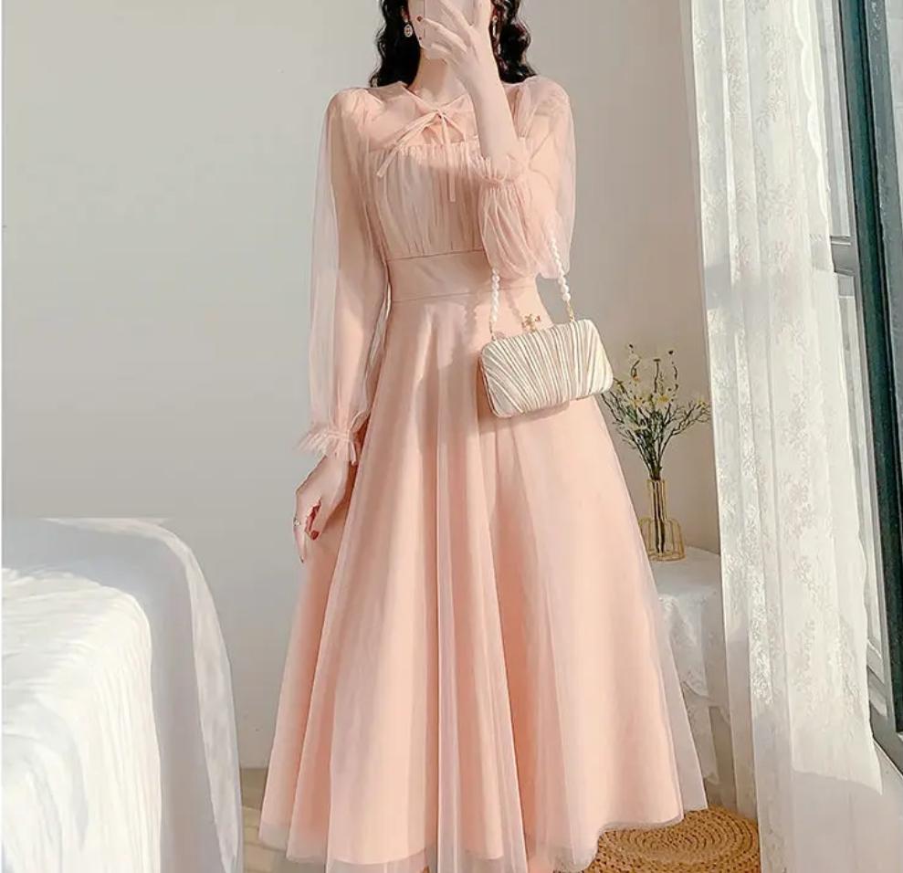 핑크 쉬폰 시스루 프릴 롱 원피스 A라인 봄 여름 하객룩 결혼식 데일리 데이트룩