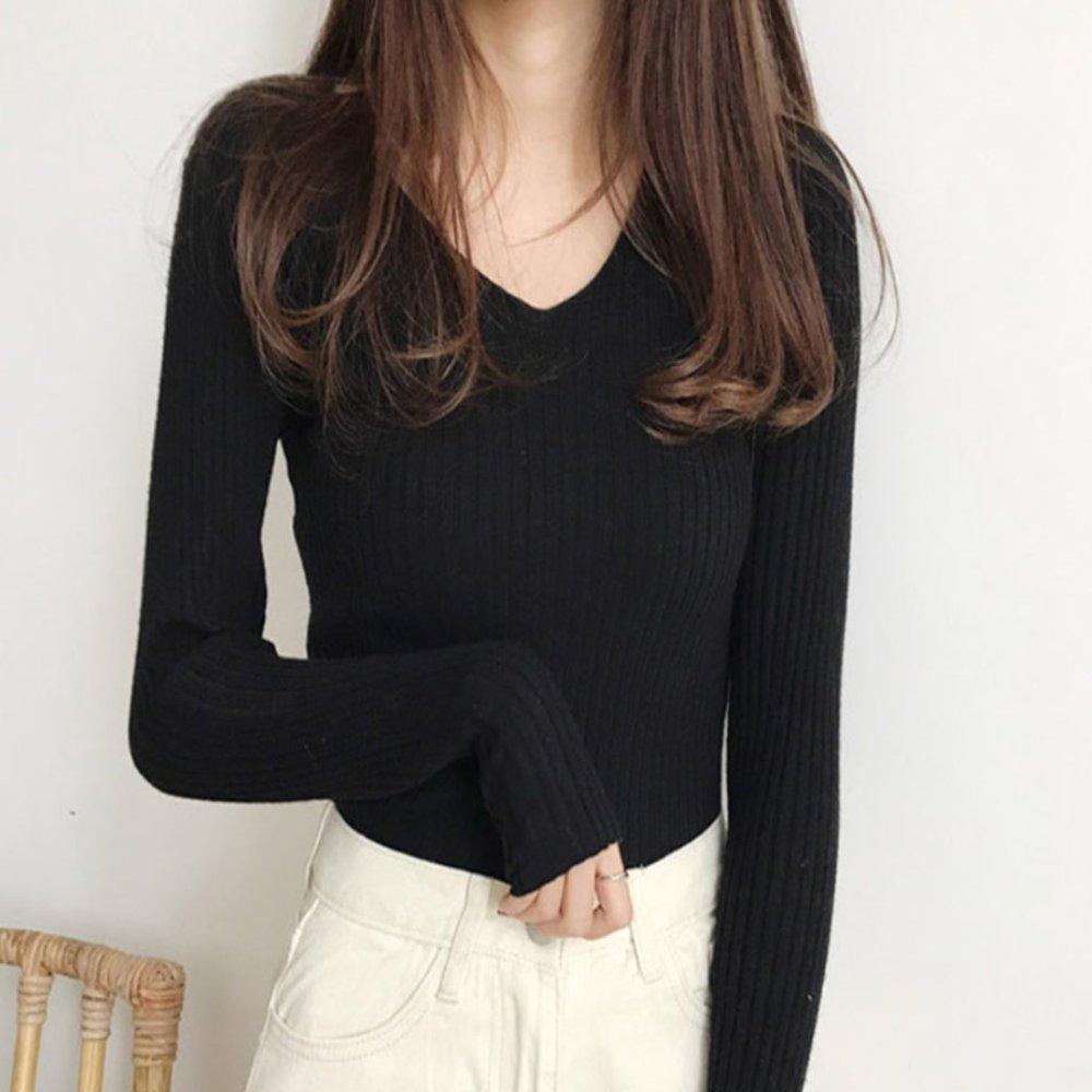 BrtWM 라운드티 캐주얼룩 여성상의 가을얇은이너티 골지 브이넥티셔츠