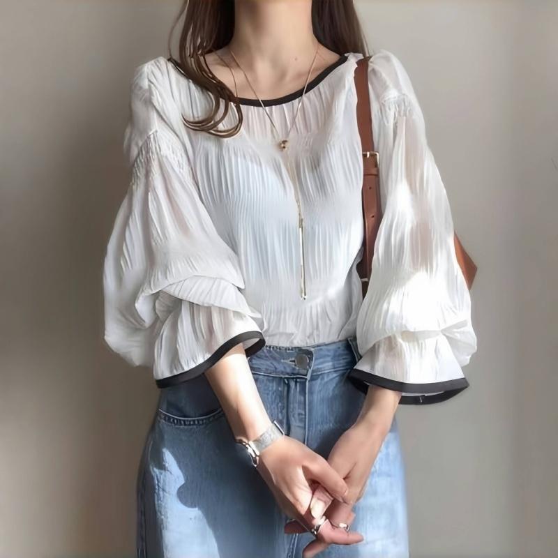 レディース ルーズフィット フリル シフォン ブラウス 夏用 パフスリーブ シースルー プリーツシャーリング トップス デイリー룩（※韓国語のため「デイリースタイル」などに意訳） シャツ M