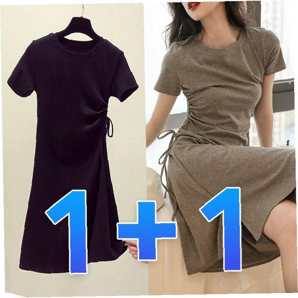 1+1 半袖 ミニワンピース シャーリング リボン 無地 デートルック デイリールック