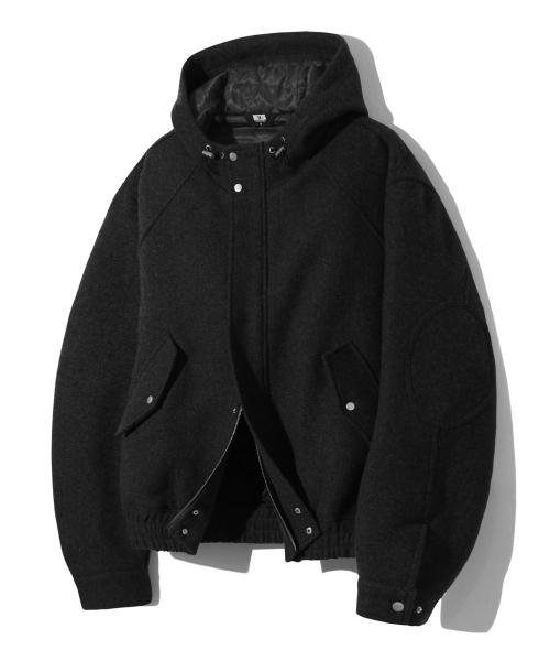 [TRILLION（トイリオン）] ウール エルボーパッチ 2WAY ハリントン フード ジャケット (BLACK) TRSJK22BK