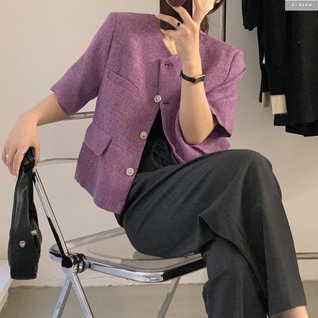 Peyton リネン ツイード 金ボタン 夏 半袖 ジャケット 3col パーティーゲスト ルーズフィット ラウンド ノーカラー J.Flow