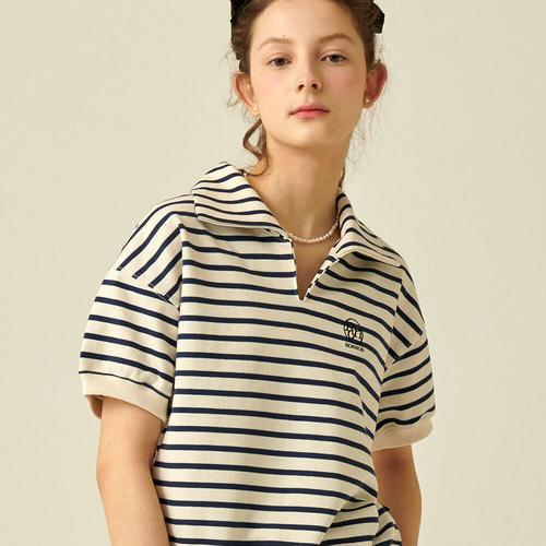 [론론] STRIPE COLLAR HALF T-SHIRT NAVY
