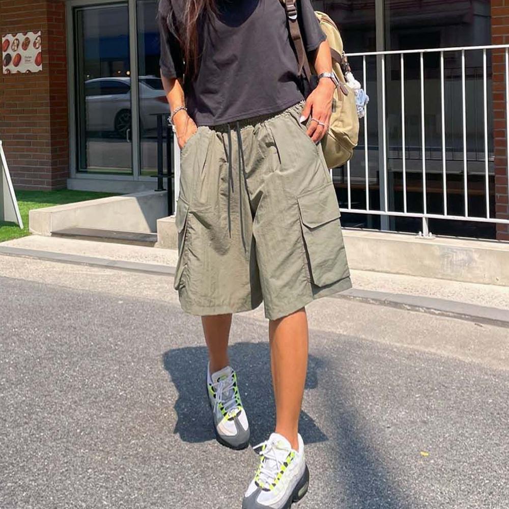 바스락 카고 와이드 5부 반바지 버뮤다 나일론 카고 팬츠