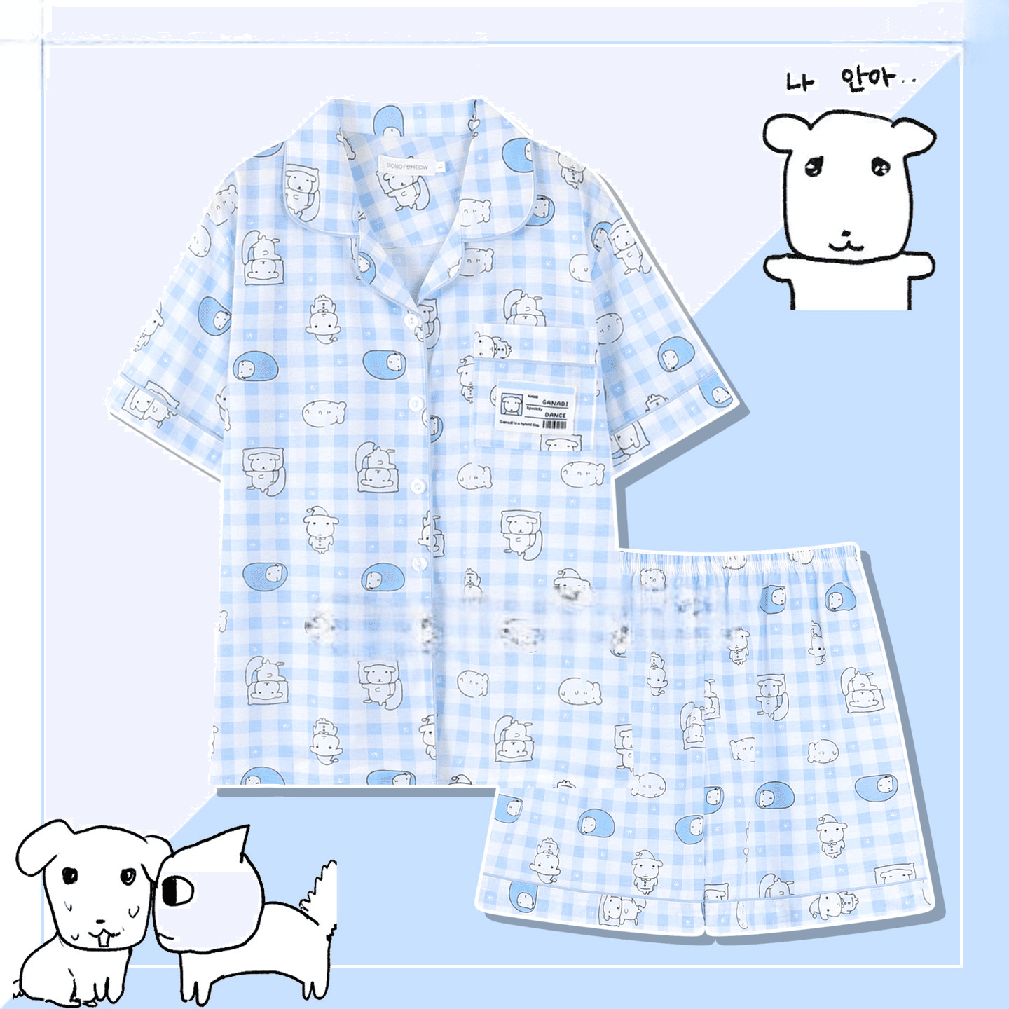涼しい ブルー チェック柄 GANADI 純綿 Tシャツ 夏 パジャマ