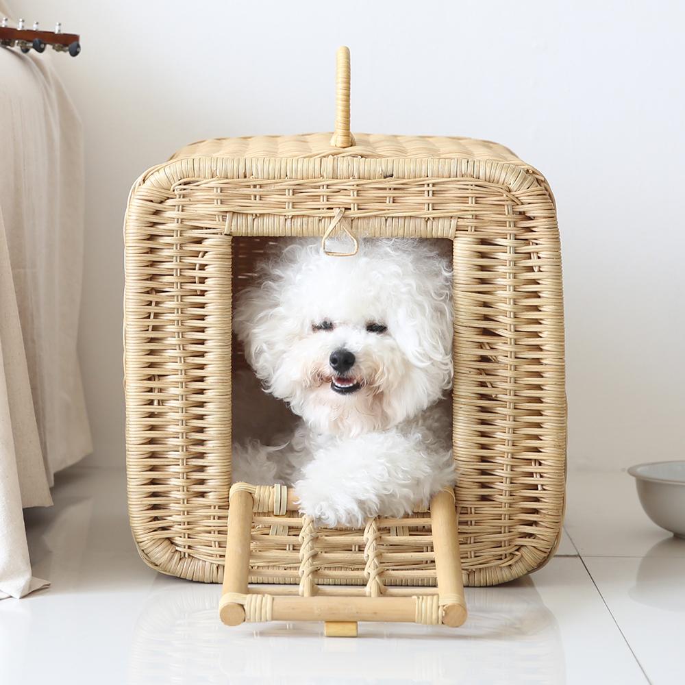 ラタン製犬用バッグ 猫用キャリーケージ ケンネル ケージ ペットキャリー 犬用バッグ 小型犬用 ナチュラル、中型
