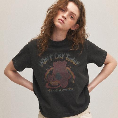 [COMPAGNO] CROP Dont Cry Teddy ピグメント 半袖Tシャツ スモークブラック
