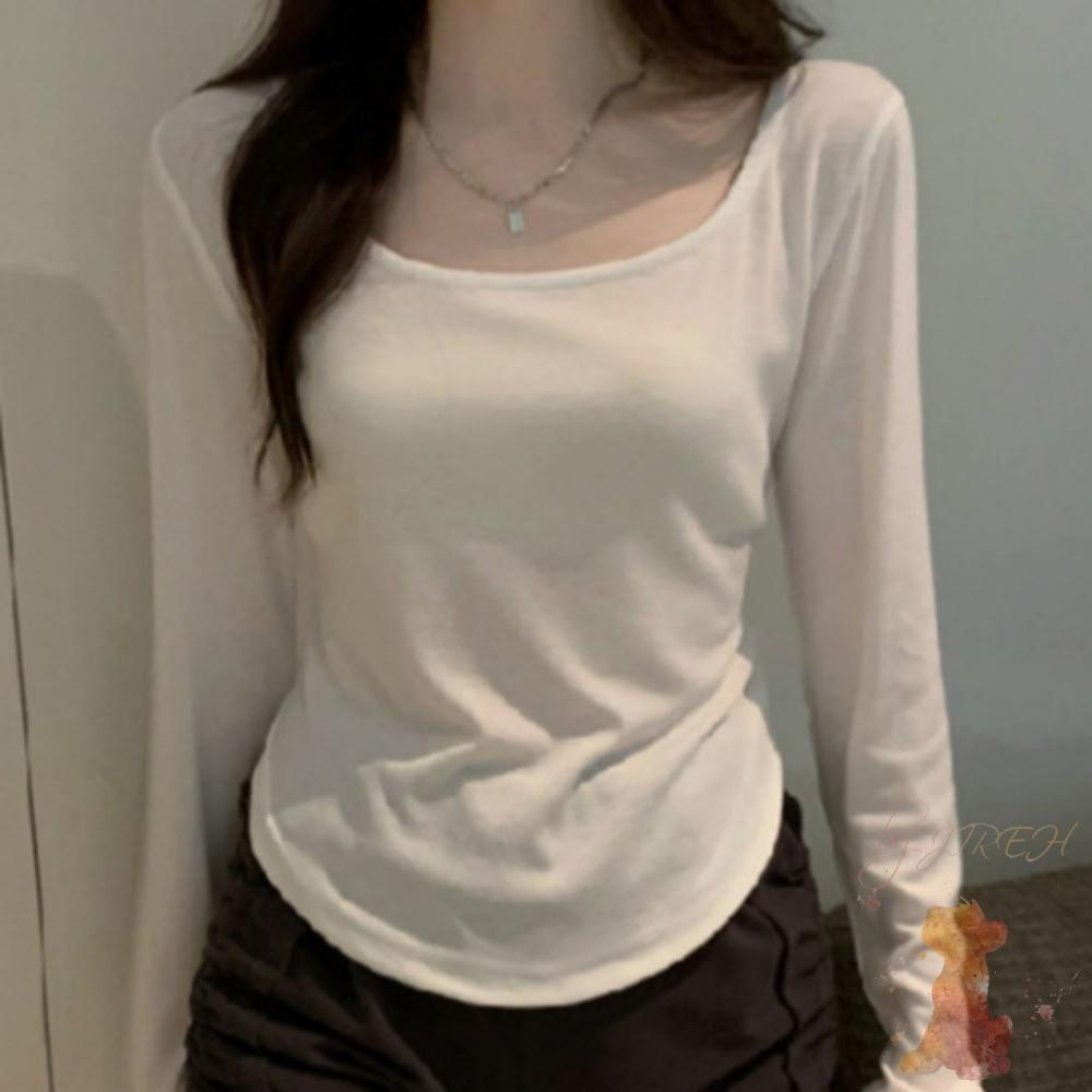 鎖骨ライン スクエアネック 長袖 美ラインTシャツ レディース スリムTシャツ