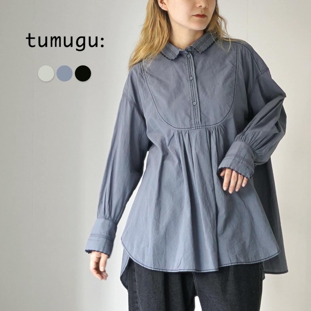 Tsumugu 츠무구 ソフトコットン チュニック ブラウス レディース シャツ 長袖 コットン100% 刺繍
