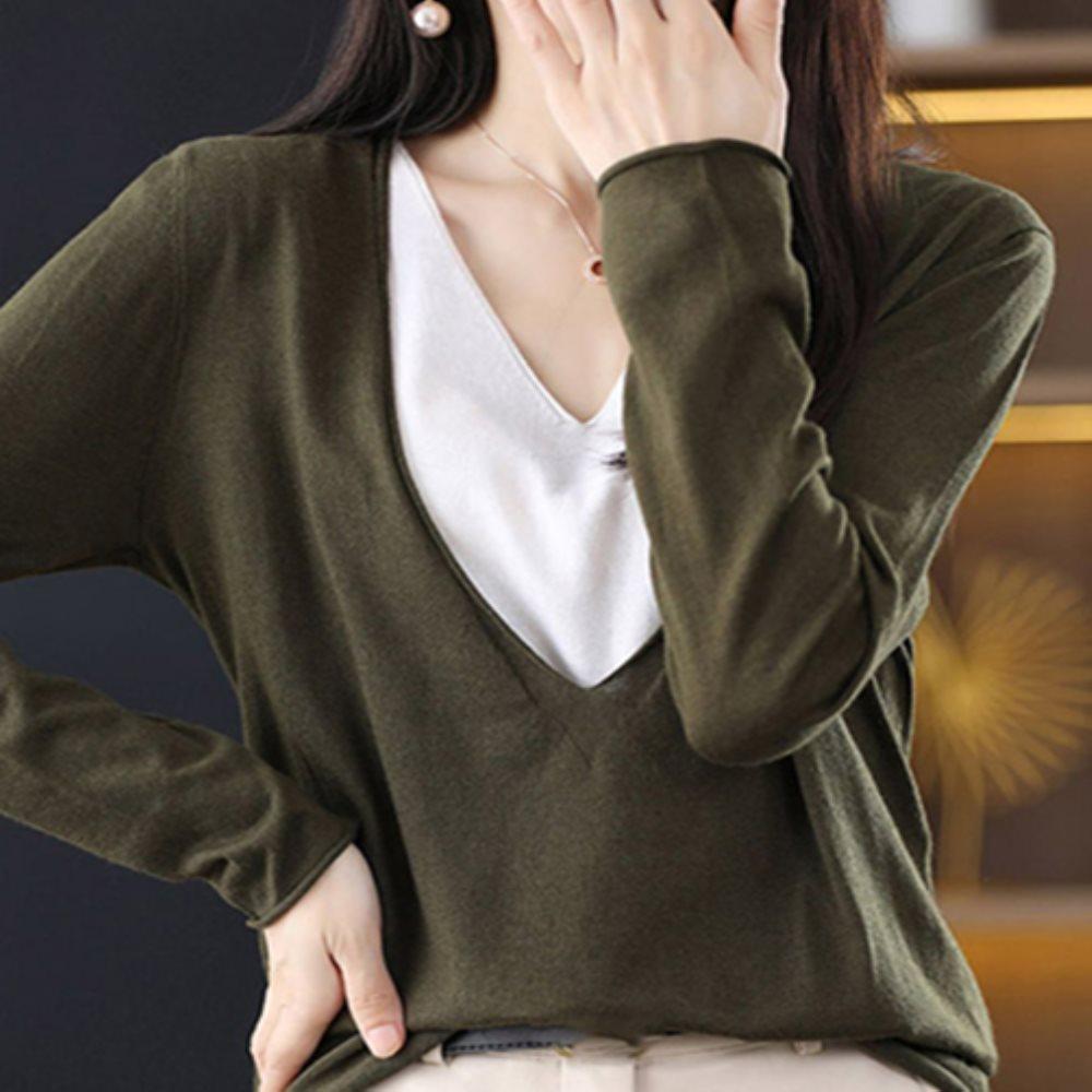 다미겨미 투톤 브이넥長袖Tシャツ (レディーストップス、レディースファッション、カジュアルTシャツ、デイリーTシャツ)