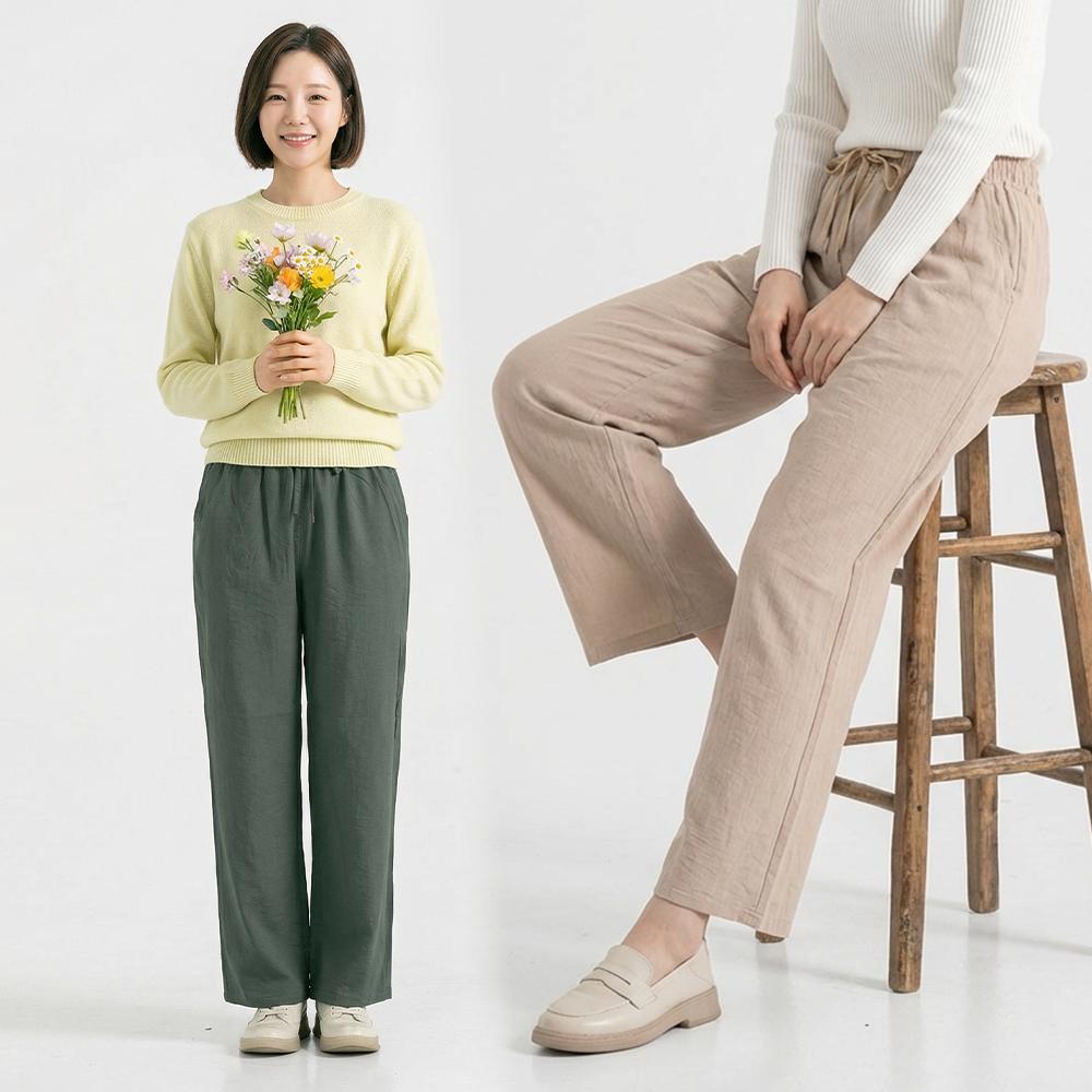 夏 レディース リネン インナ クレープ バンディング スラックス ワイドパンツ ビッグサイズ ストレートパンツ
