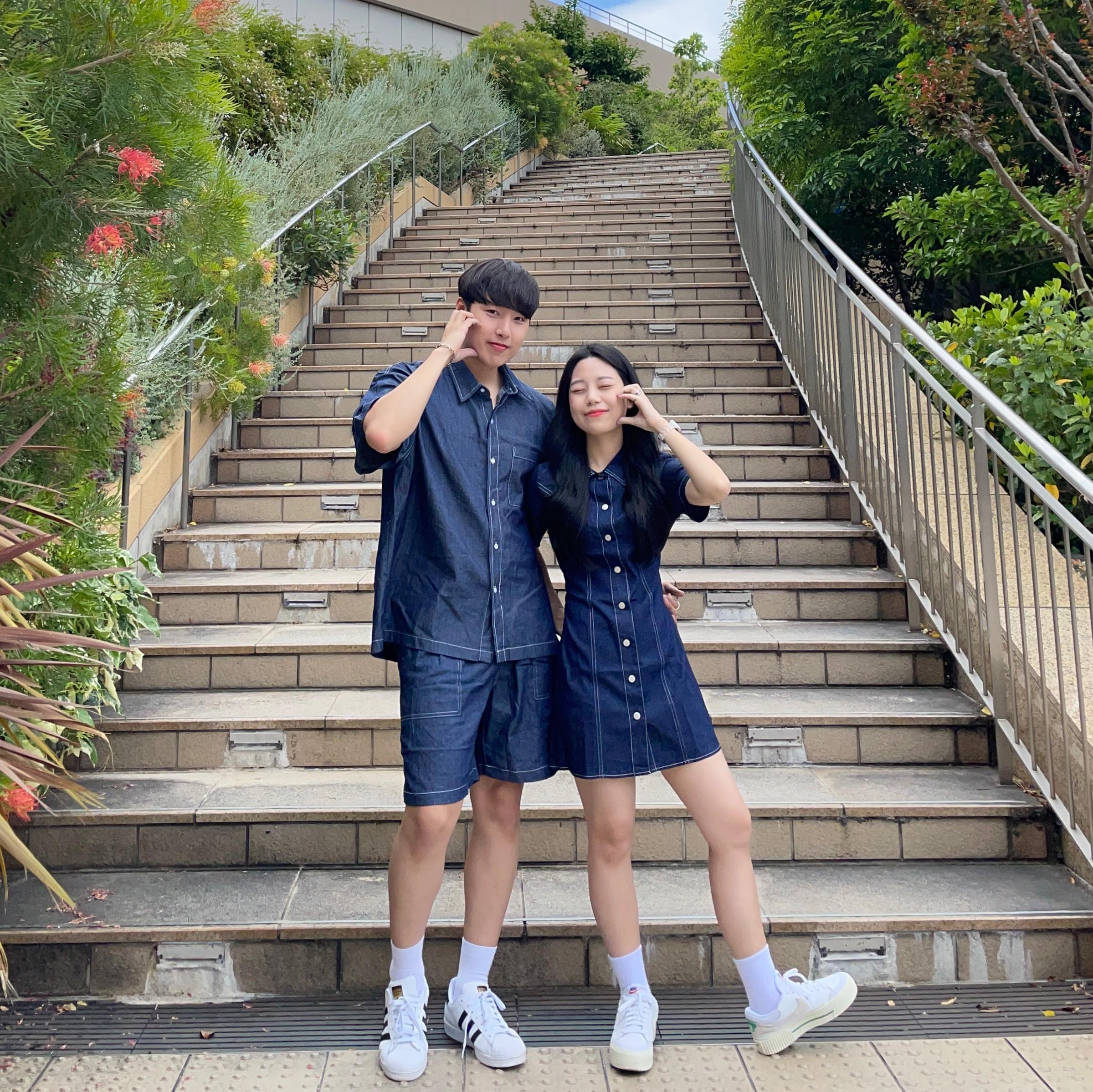 デニム スリムフィット ボタン ミニワンピース 夏 バカンス デート 新婚旅行 カップル シミラールック