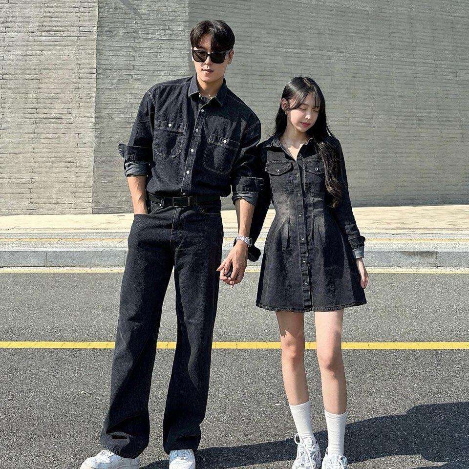 봄 가을 흑청 데님 셔츠 미니 원피스 와이드 팬츠 커플룩 시밀러룩