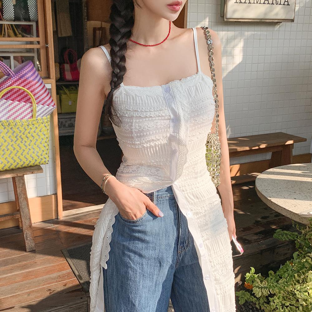 휴양지 레이어드 펀칭 레이스 로브 뷔스티에 끈나시 롱 원피스