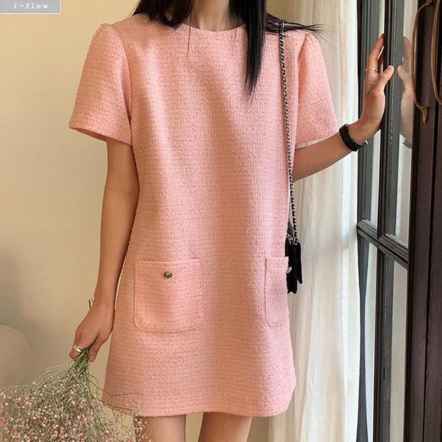 ペンス ツイード ラウンド 半袖 ミニワンピース 3color 春 夏 ポケット 結婚式 ルーズフィット パーティー J.FLOW