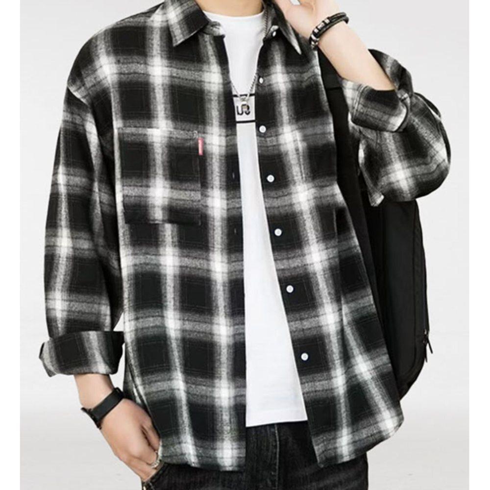 Men's University Student Check Shirt Loose Fit Comfortable Shirt 'Kkuankku' Daily Date Look