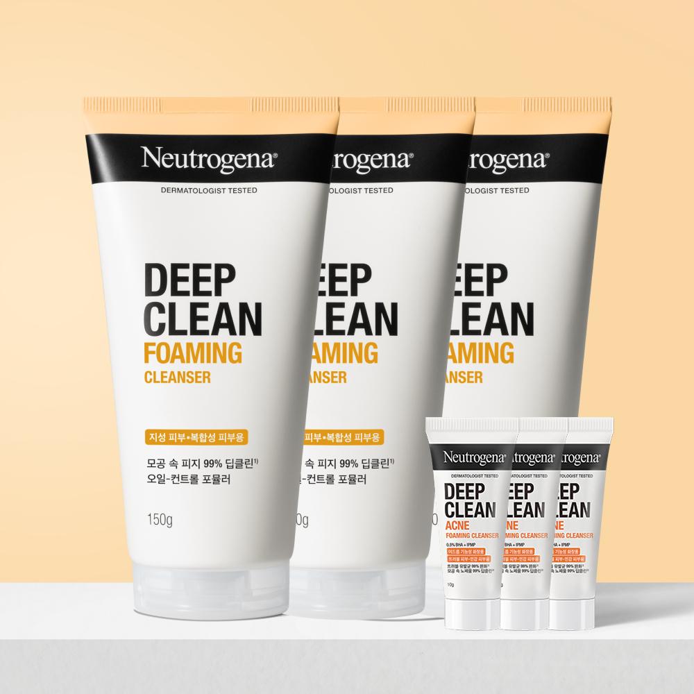 Neutrogena (뉴트로지나) Deep Clean (딥클린) フォームクレンジング クレンジングフォーム 低刺激 洗顔料 150ml, 3個