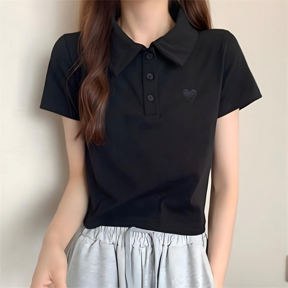 カラーネック ボタン きれいめ半袖Tシャツ 女性トップス 刺繍半袖Tシャツ きれいめTシャツ