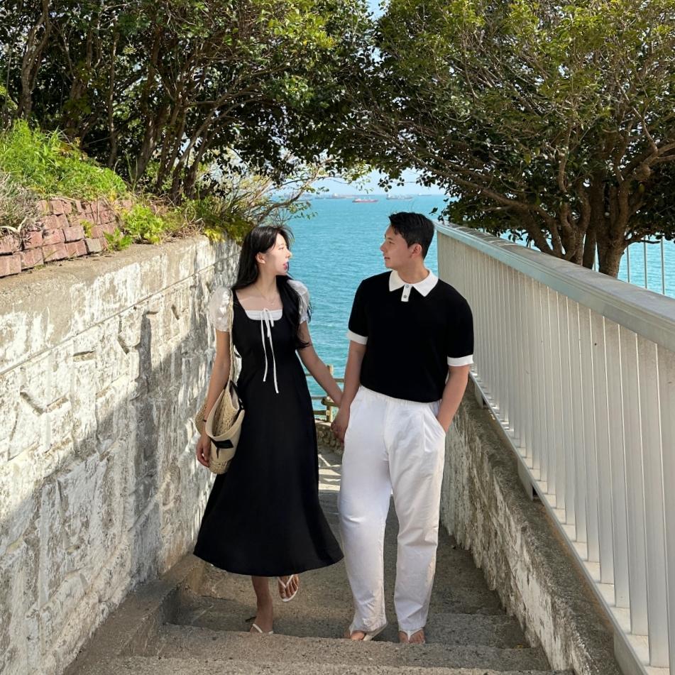[単独企画] プリンス 配色 ストラップ ロングワンピース デート Jeju島 新婚旅行 夏 カップルシミラールック