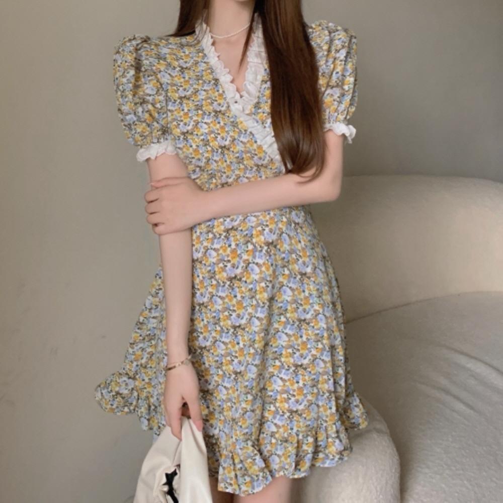 ベニト フェミニン 女神 デートルック Vネック ラップ フラワー フローラル レース フリル 半袖 シフォン ミニワンピース