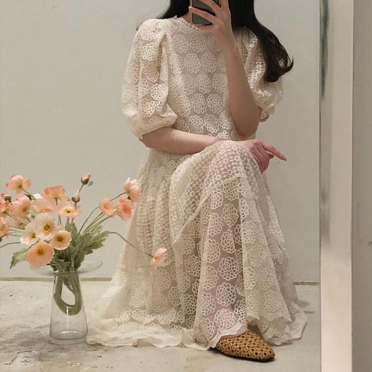 刺繍 レース パンチング フラワー シースルーワンピース スモールウェディング セルフウェディング 妊婦写真 デート
