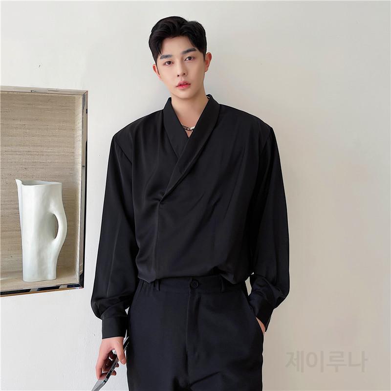 세련된남자셔츠 데이트룩 남친룩 루즈핏 V넥 세미정장 캐주얼긴팔셔츠
