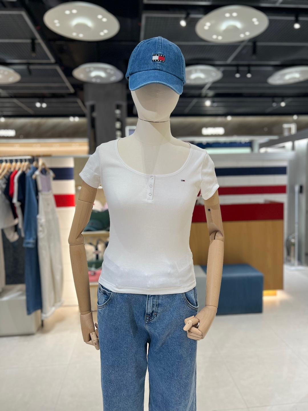 타미진 (Tommy Jeans) レディース スリムフィット きれいめ リブ 無地 クラシック トップス デイリー 夏 半袖 Tシャツ