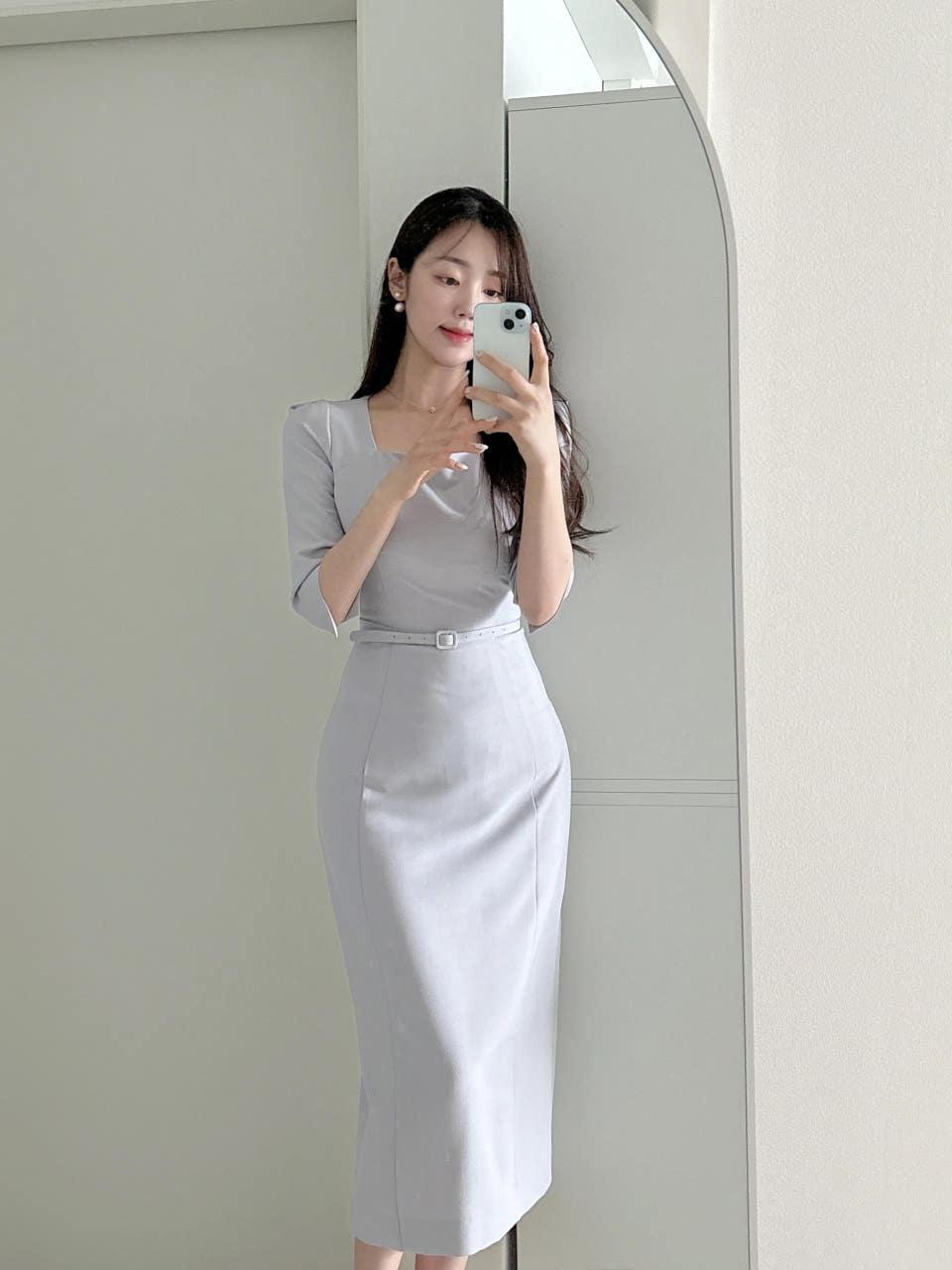 [여름버전/Best] 자체제작 스퀘어넥 벨트 슬림핏 H라인 롱 원피스 하객룩 상견례룩