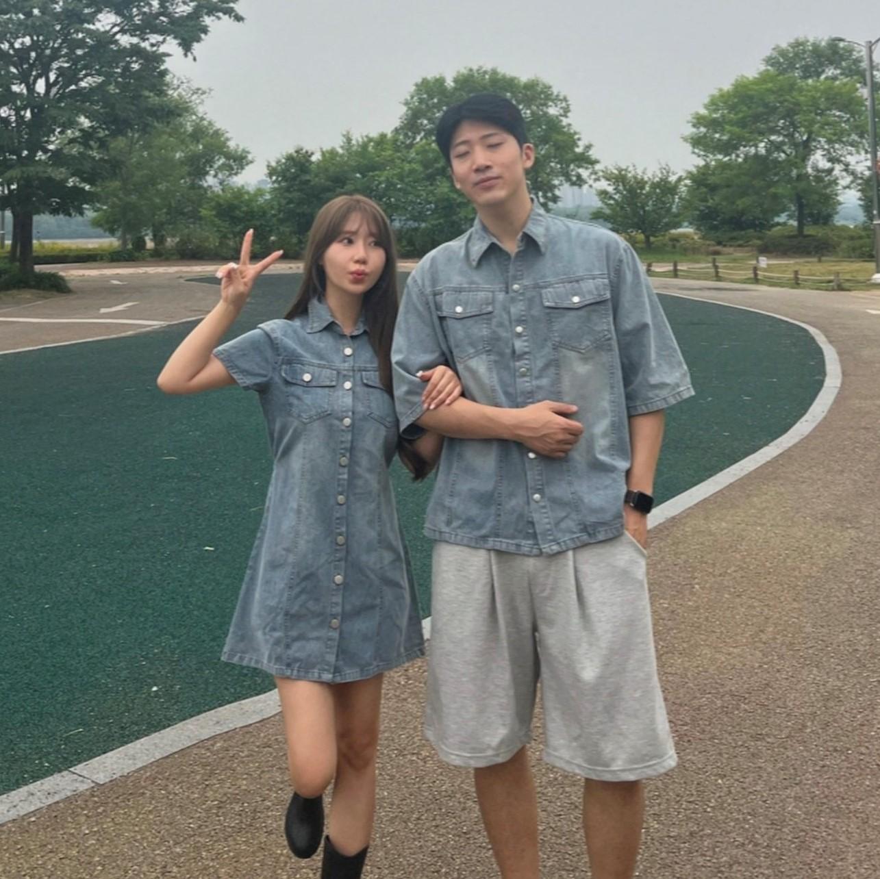 숏&롱 선택 빈티지 데님 워싱 미니 리본 원피스 반팔 셔츠 커플룩 시밀러룩 데이트룩 청청