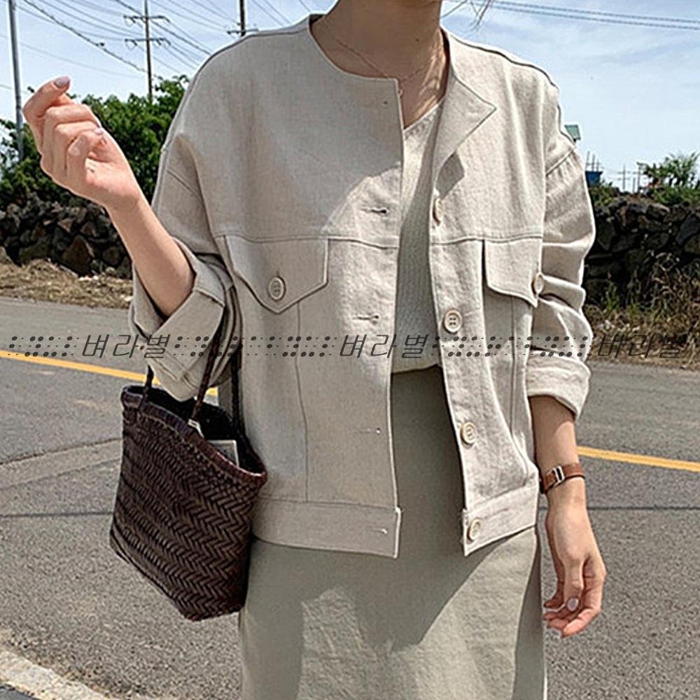 벼라별 노카라 린넨 자켓 여름 크롭 숏자켓 베이지 간절기 아우터 얇은 긴팔 105