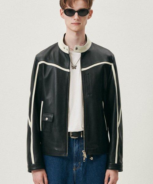 [도프제이슨] オーバーサイズ ミックスレザー レーシングジャケット DF22SS2024