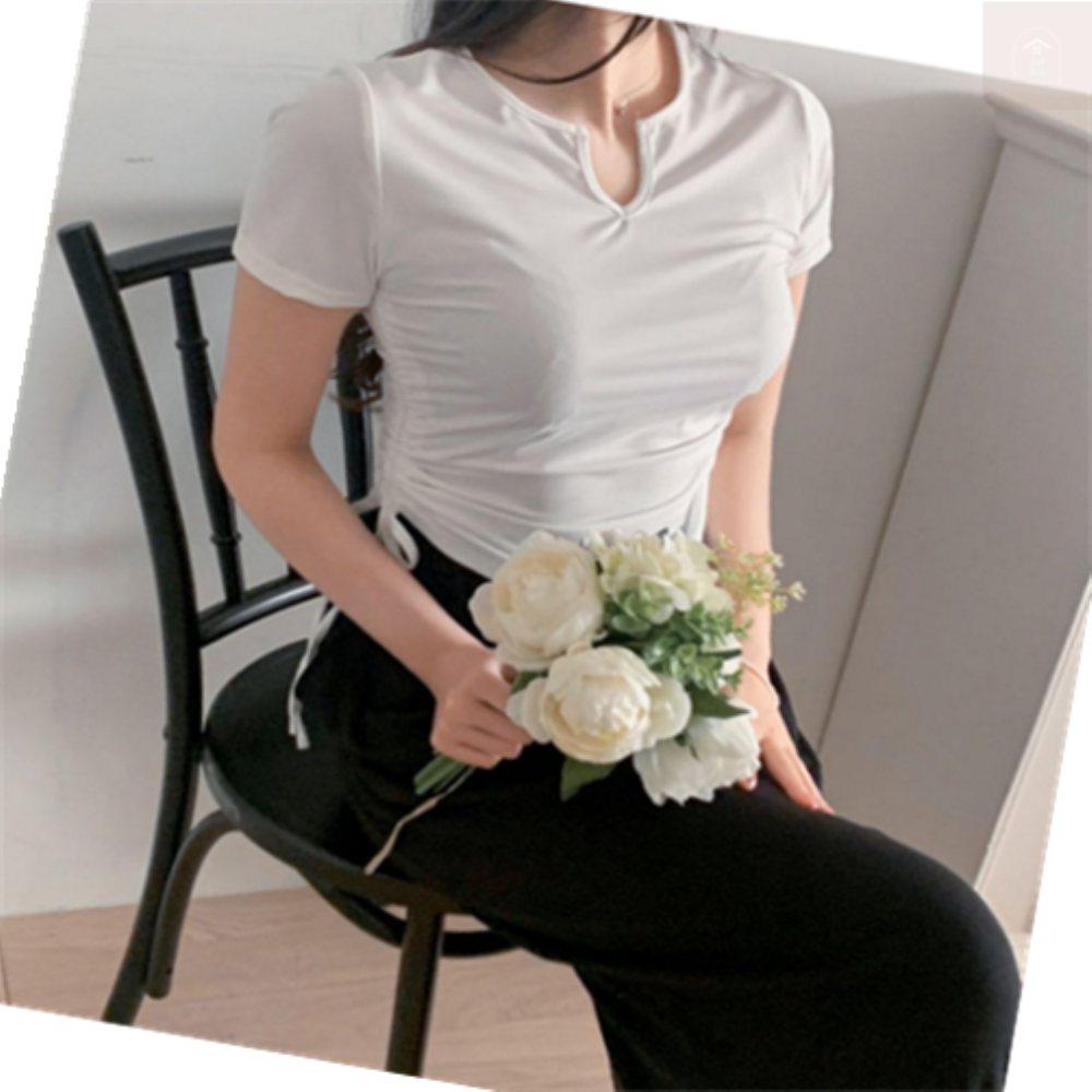 Bokdanji Daily Look Women's Top Women's Slim Shirring U-Neck Spandex Short-Sleeve T-shirt