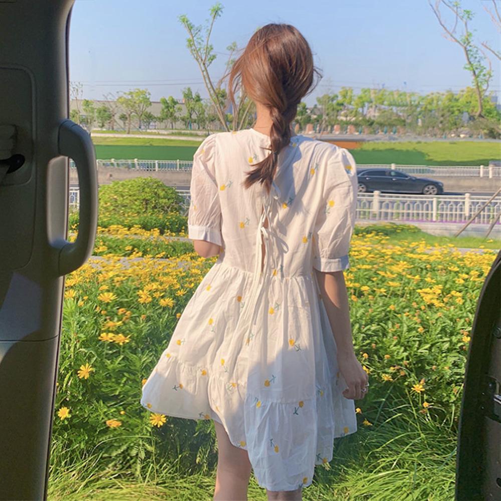 Hana Back Ribbon Lace V-Neck Yellow Flower Embroidery Shirring Cancun Mini Dress & Blouse (White)