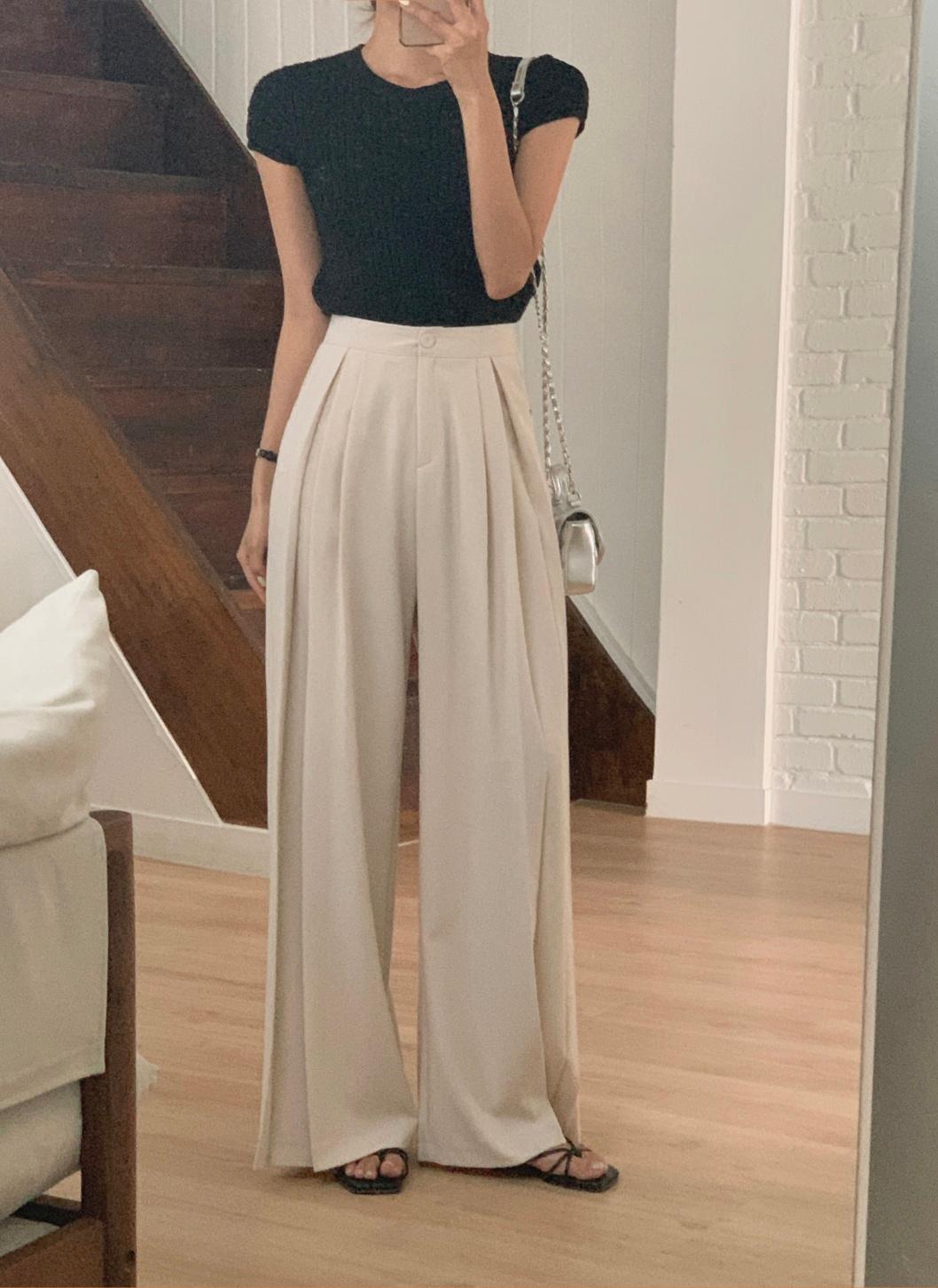 レディース ワイドスラックス ハイウエスト センタープレス プリーツ ストレッチ 夏 レディース 던쥬 (Dunjoo) 모노폴리 (Monopoli) パンツ
