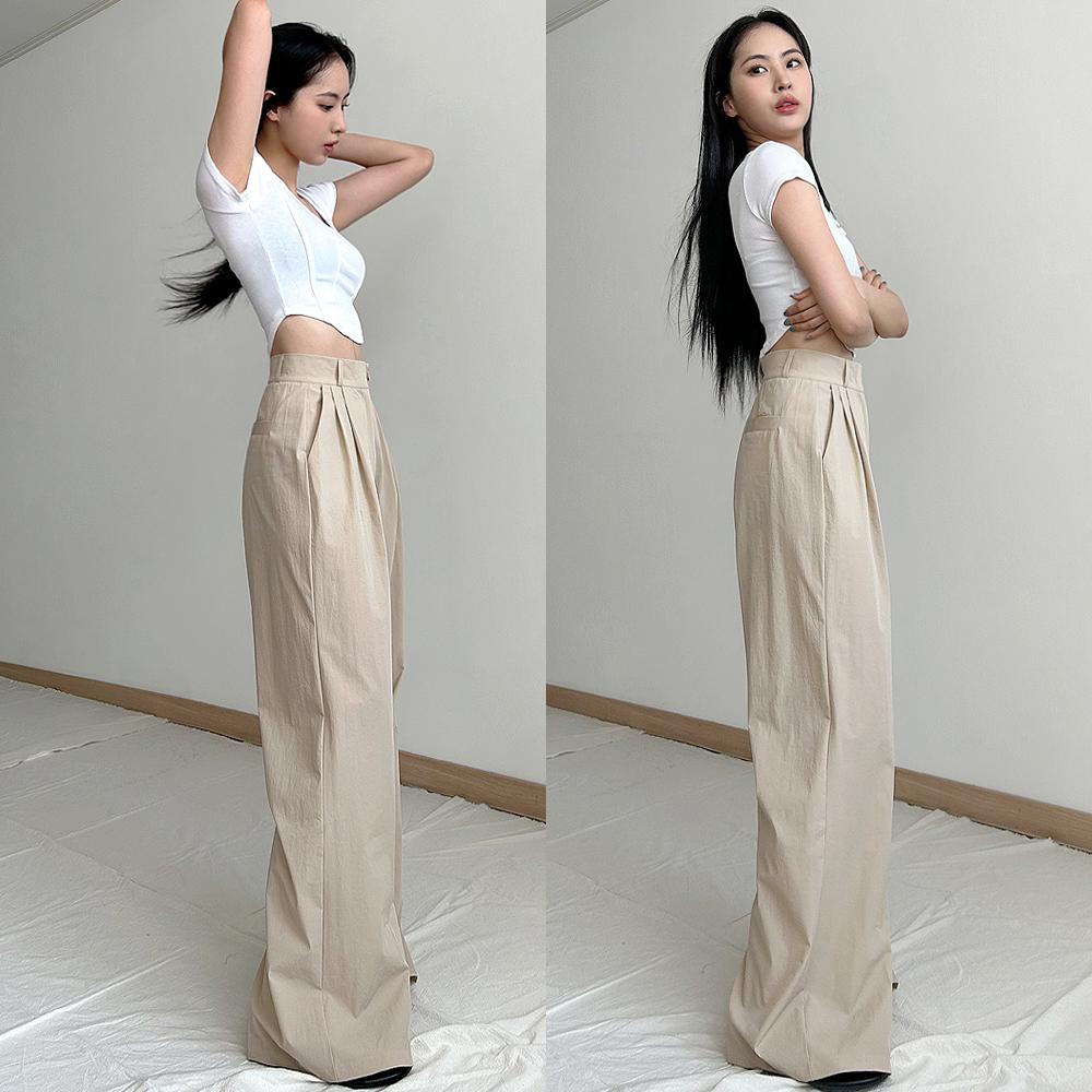 夏 クール 涼しい ワイド ピンタック ロング スラックス パンツ ゆったり フォーマル よく乾くパンツ