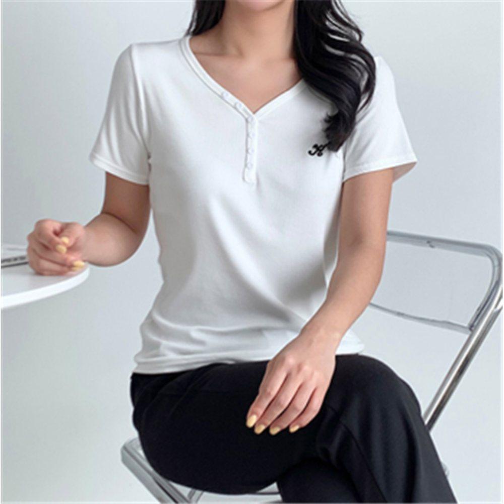 レディース ボタンポイント 半袖 Tシャツ Vネック 夏 トップス デイリールック
