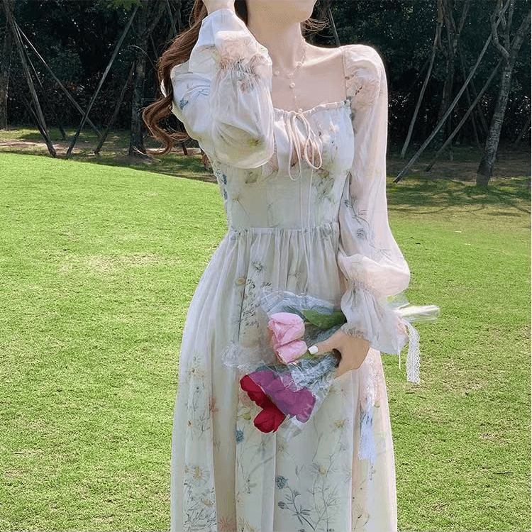フラワーシフォン スモック ウエストゴムギャザー ロングワンピース デートルック 彼女ルック 清純 桜コーディネート