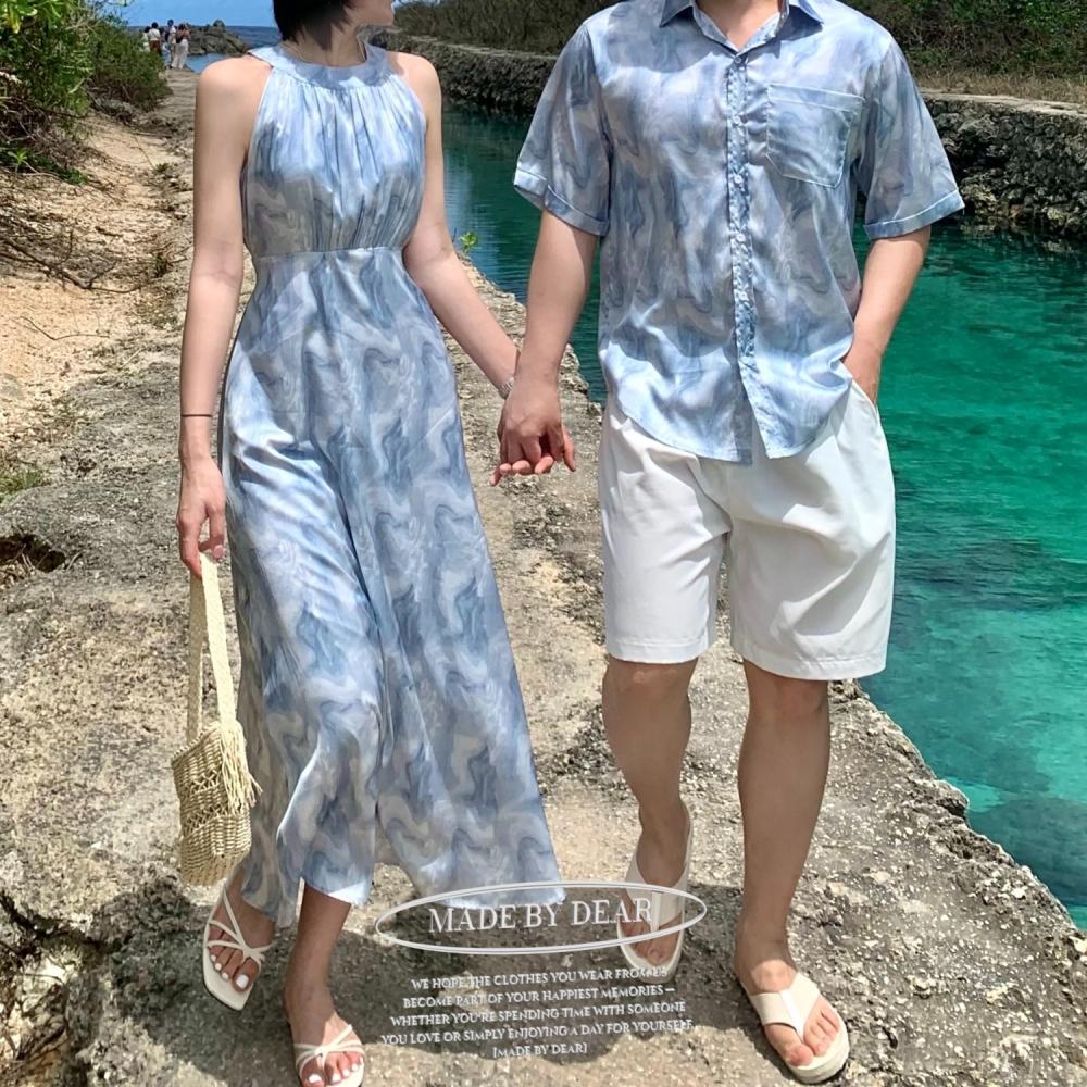 [디어MADE/자체제작] ベラ ホルターネック リボン ストラップ ロングワンピース 新婚旅行 夏 カップル シミラールック