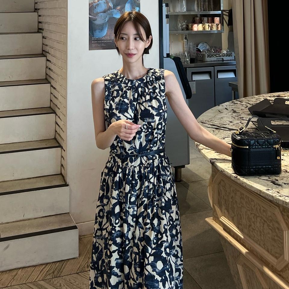 フラワー シフォン ワンピース ベルト プリント ロング キャミワンピース DUELLEO 夏 涼しい 結婚式 パーティースタイル