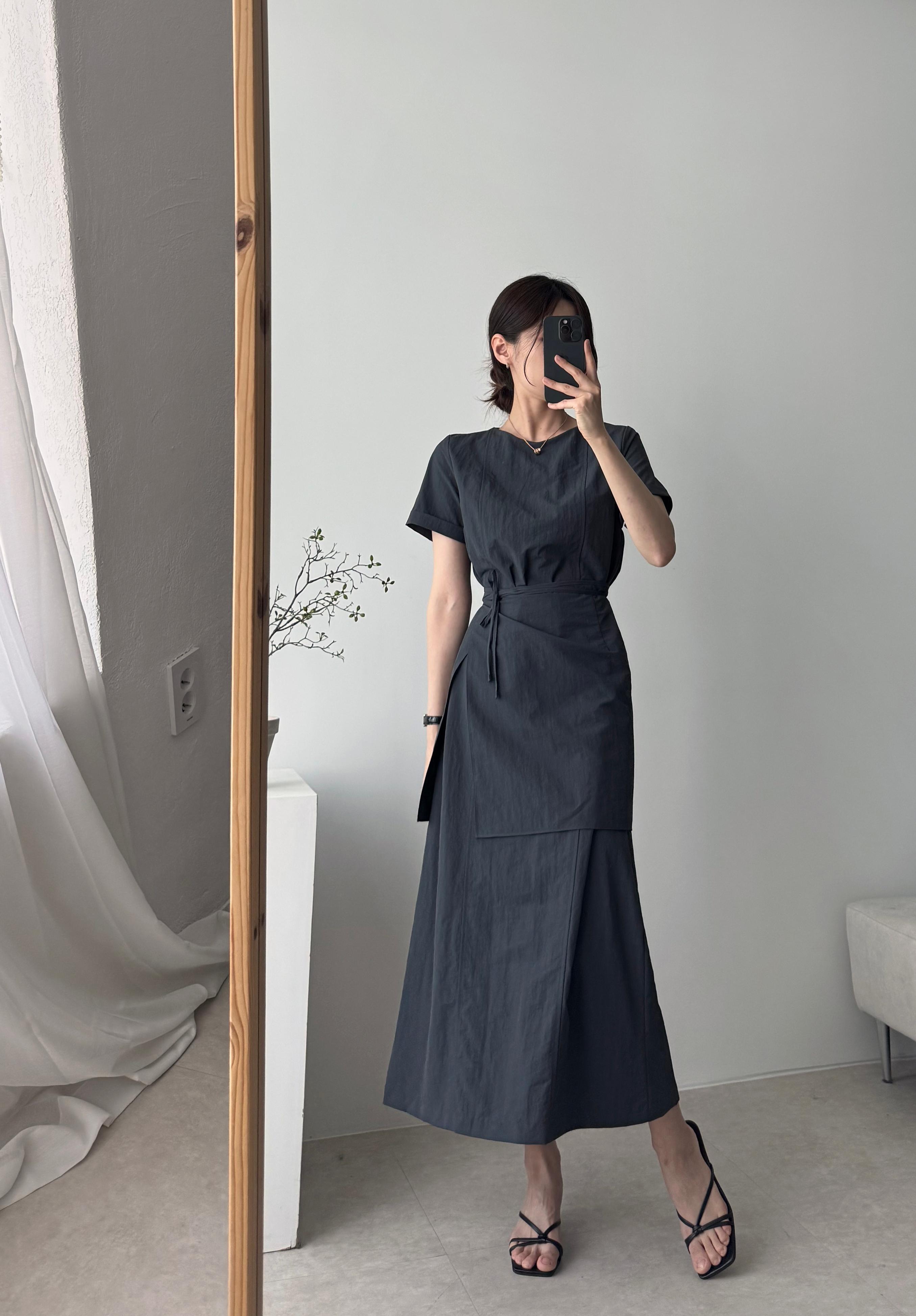 [メルガネット製作]半袖 サラサラ ラウンドネック Hライン ラップ ロング夏 レイヤード 結婚式ワンピース(ラップスカートset)