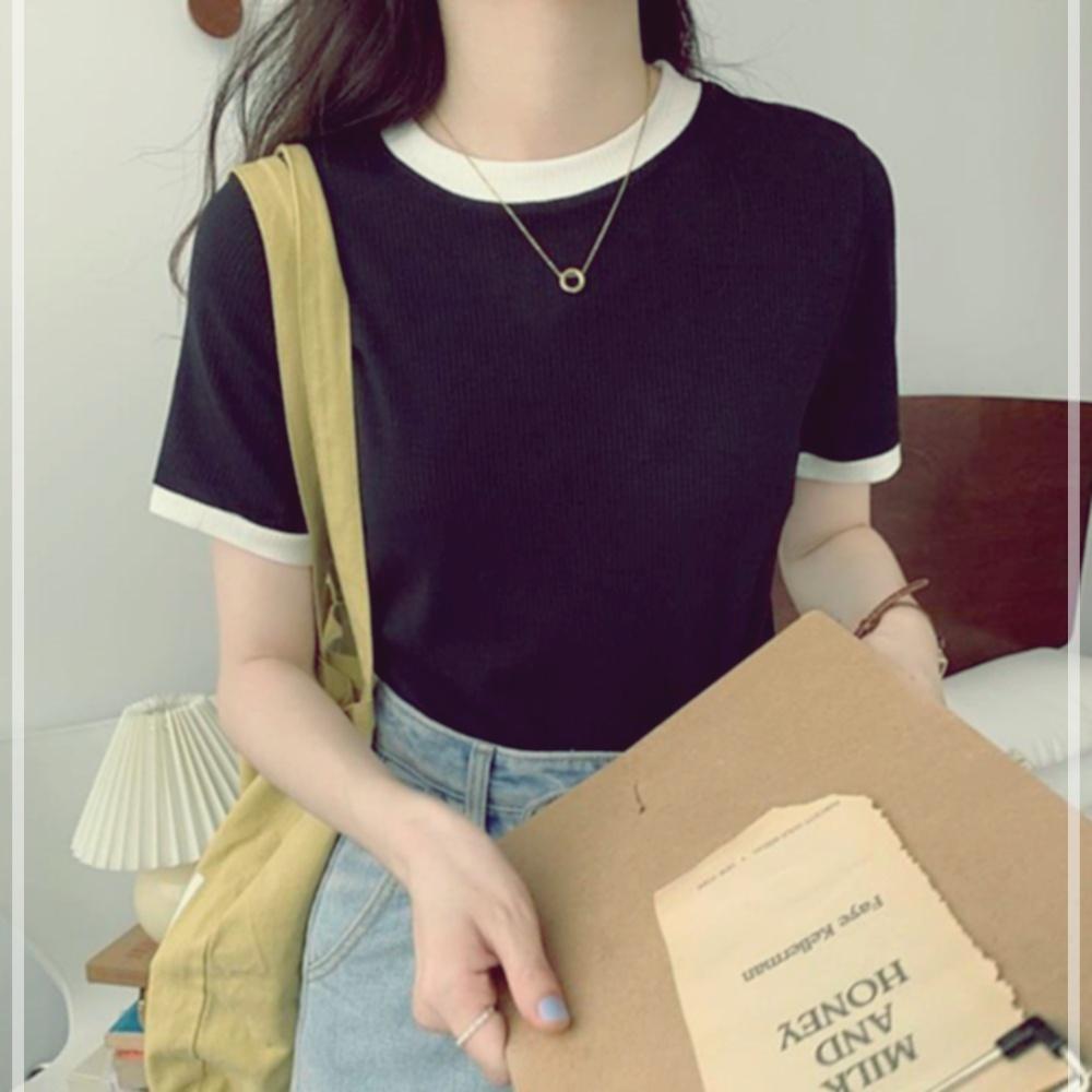 ラウンド 配色 半袖Tシャツ 春 夏 デイリーTシャツ レディース トップス デイリールック 半袖 20WE704C75