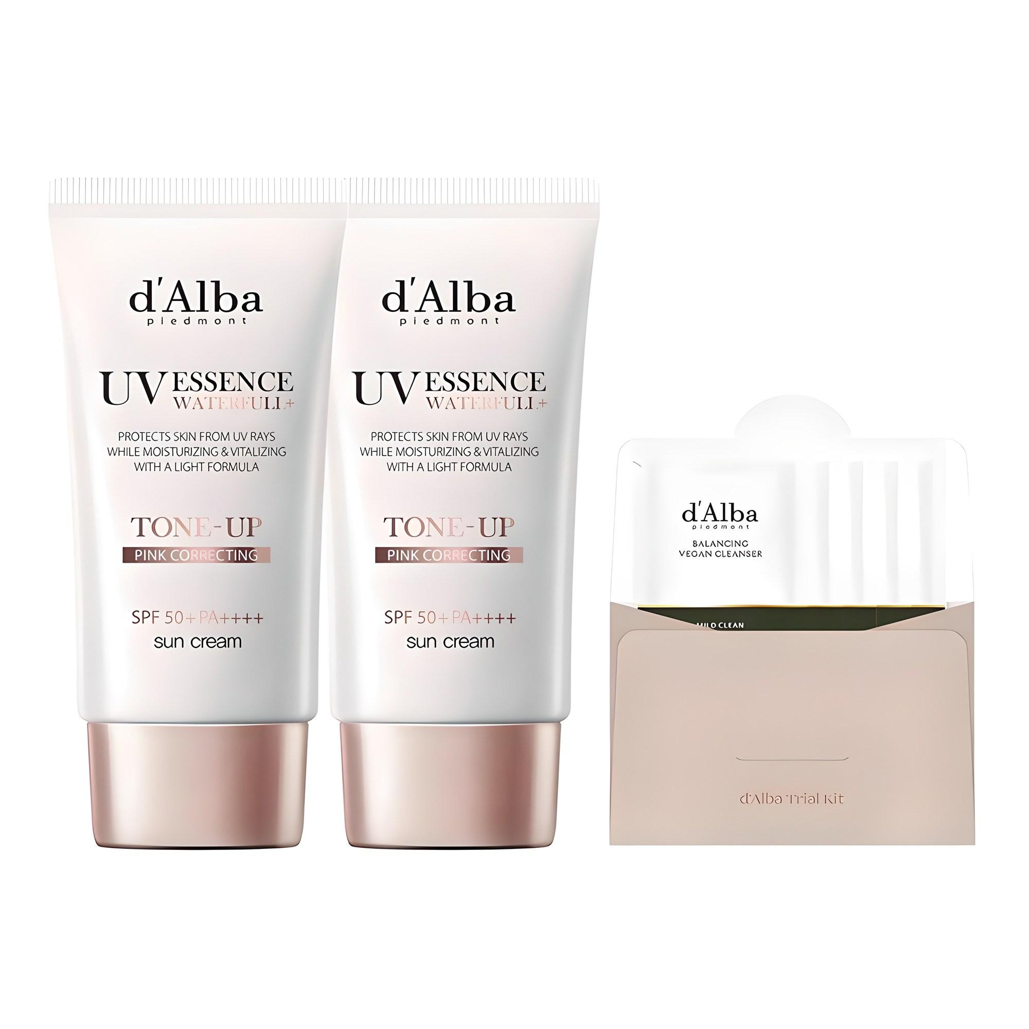 [달바] 워터풀 톤업 선크림 SPF50+ PA++++ 50ml 2개 + 비건 젤 클렌저 15ml 세트 핑크톤업 광채 선케어 저자극