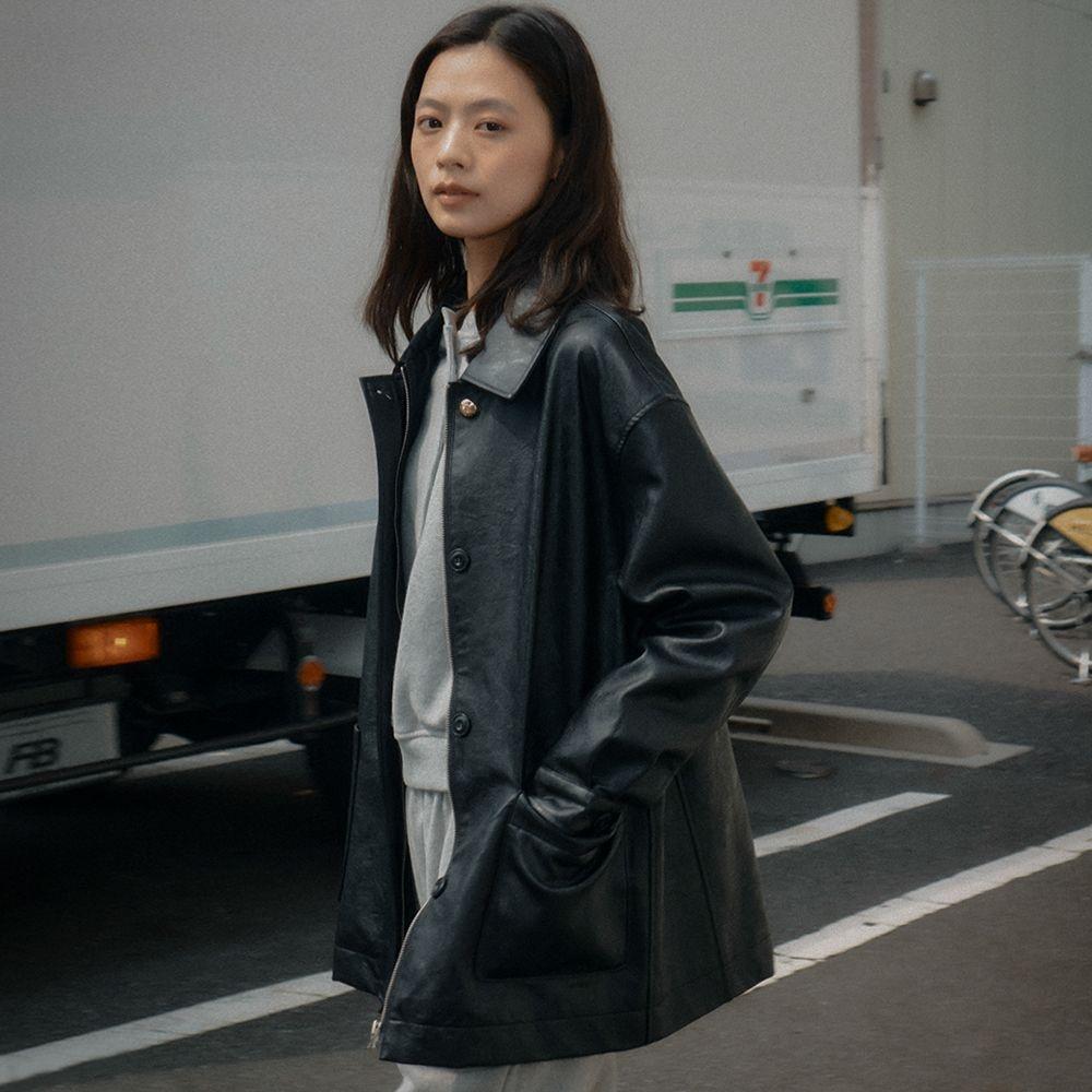 TEAL IDA TY Faux leather pocket jacket_Black