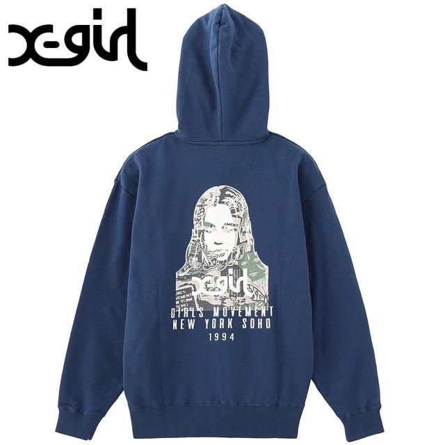 X Girl カレッジ カモ フェイス ジップアップ スウェット フーディー レディース トップス パーカー ネイビー